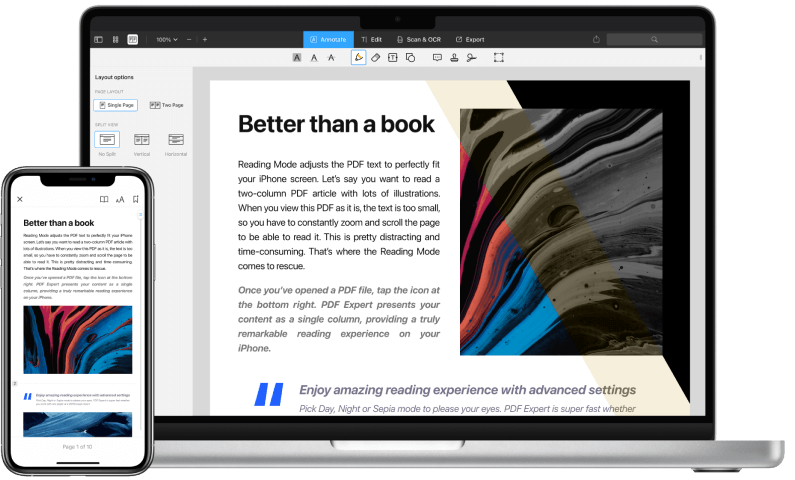 PDF Expert reading mode — full screen day, night, sepia themes